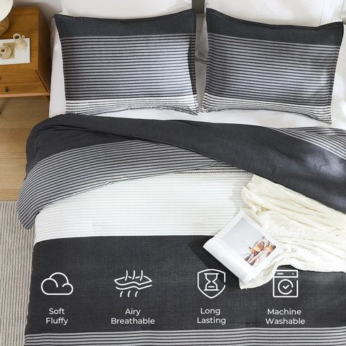 Litanika Queen Comforter Set - Lightweight Black, White & Grey 3-Piece Down Alternative Bedding