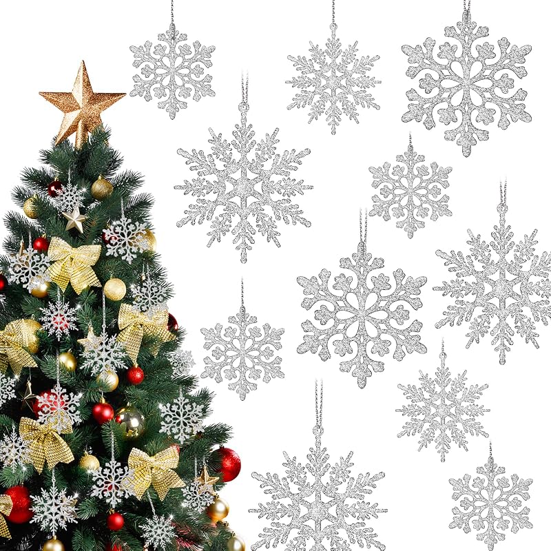 36Pcs Silver Glitter Snowflake Ornaments - 2 Sizes, 2 Patterns with Hanging Rope, Christmas Tree Decorations