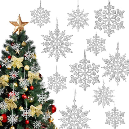 36Pcs Silver Glitter Snowflake Ornaments - 2 Sizes, 2 Patterns with Hanging Rope, Christmas Tree Decorations