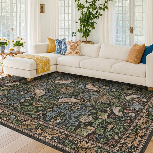 Hazo Haus Dark Living Room Rug 8x10 - Large Washable Floral Area Rugs for Dining Room Under Table, Bedroom, Office, Birds and Leaves Nature Design, Non-Slip Low Pile (Dark Green/Brown)