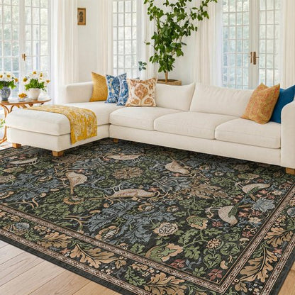 Hazo Haus Dark Living Room Rug 8x10 - Large Washable Floral Area Rugs for Dining Room Under Table, Bedroom, Office, Birds and Leaves Nature Design, Non-Slip Low Pile (Dark Green/Brown)