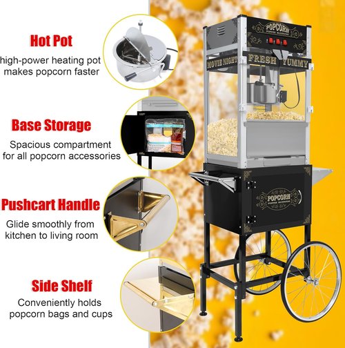 20 Oz Commercial Popcorn Machine - Sleek Black Popcorn Maker with Storage Stand & Wheels