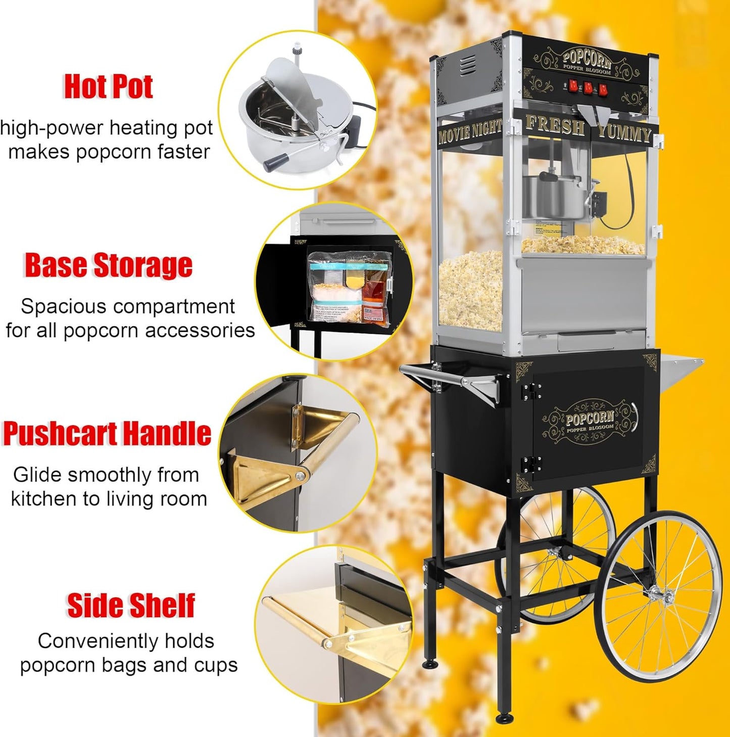 Skiennix 20 Oz Popcorn Machine Cart - Sleek Black Popcorn Maker with Storage Stand & Wheels