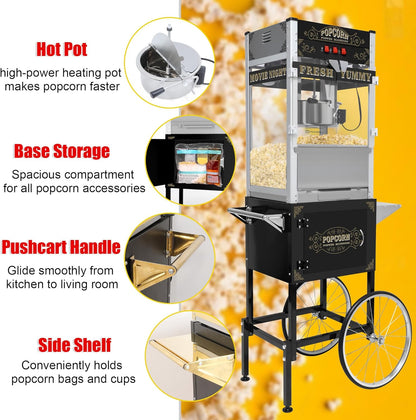 Skiennix 20 Oz Popcorn Machine Cart - Sleek Black Popcorn Maker with Storage Stand & Wheels