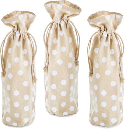 Hallmark Fabric Drawstring Bottle Bags (Pack of 3: White Polka Dots) for Valentine's Day, Housewarmings, Birthdays
