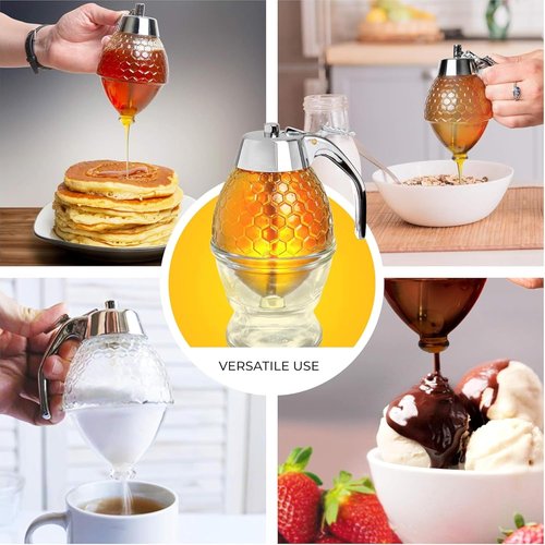 Hunnibi 8oz No Drip Glass Honey Dispenser - Honeycomb Syrup Server with Bee-Themed Stand