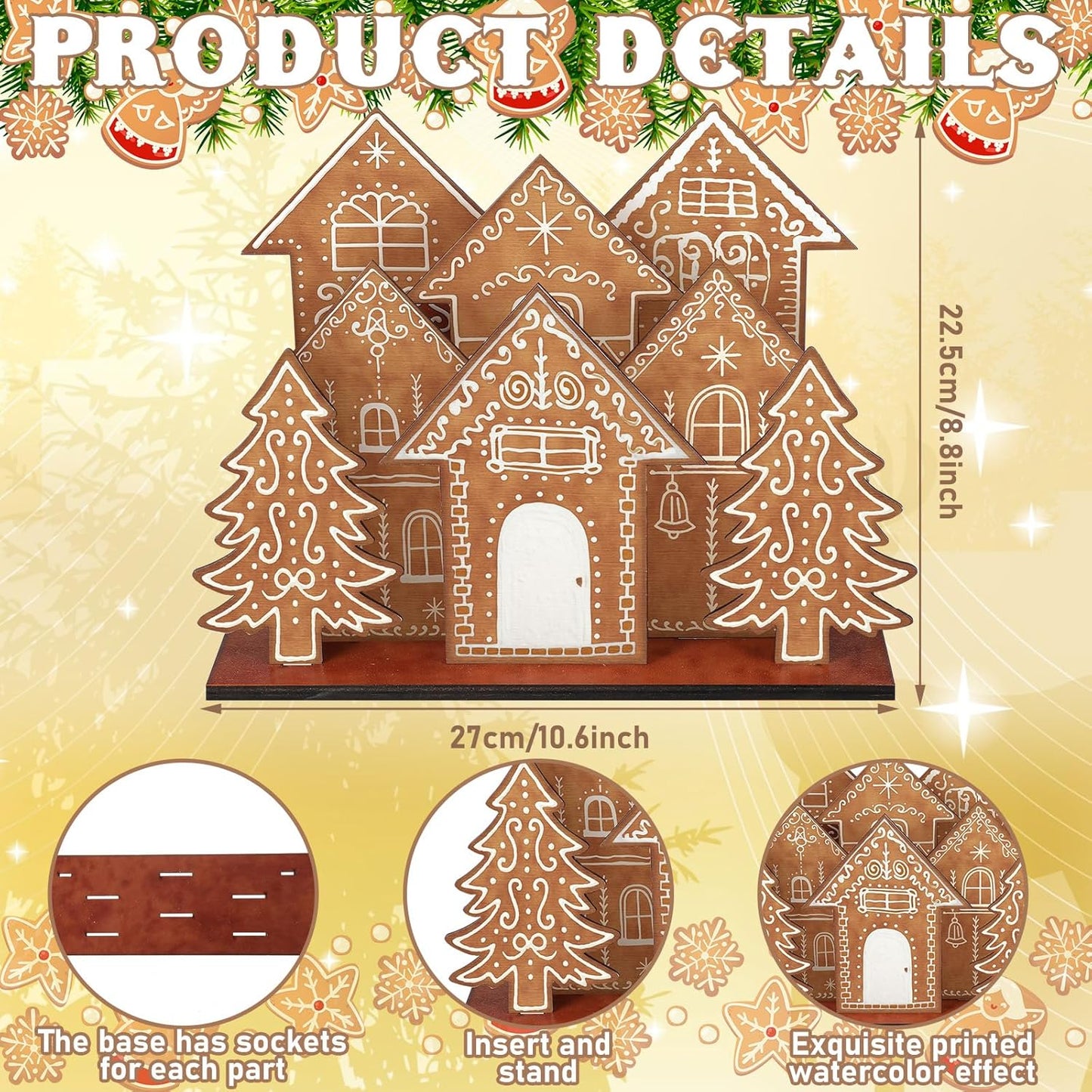 Threehoney Christmas Gingerbread House Decor - 8 Pcs Wooden Table Centerpiece for Holiday Cheer