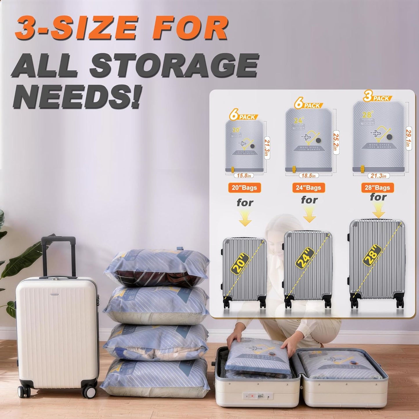 Skiennix 15-Pack Vacuum Bags - Space-Saving Compression Packing Bags with Wireless Pump | Travel Size