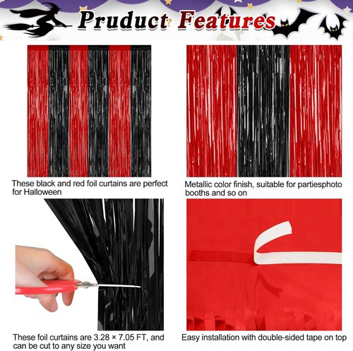8 Pack Halloween Party Supplies - Red & Black Foil Streamer | 3.28 FT x 7.05 FT Metallic Fringe Curtains