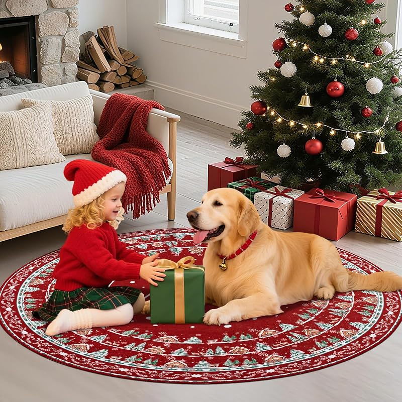 Round Christmas Area Rug 5ft - Washable Non Slip Indoor Circle Carpet, Variation: Christmas Words+5'