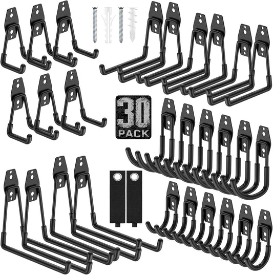 Skiennix Heavy Duty Garage Hooks - Anti-Slip Wall Mount Storage for Bikes, Hoses & Tools | 30 Pack Black