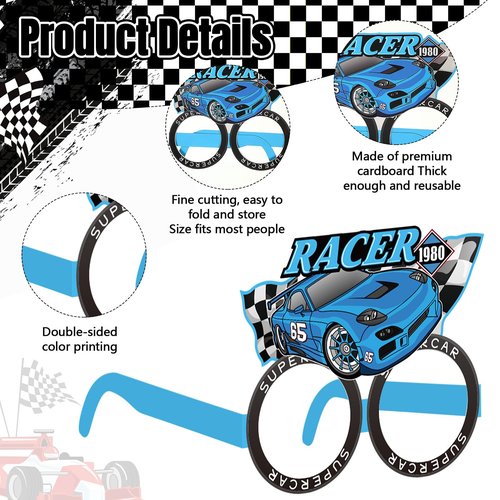 Herdear 32 Pack Race Car Party Favors for Boys - Racing Paper Glasses Frames Checkered Flag Eyeglasses for Kids Birthday Party Supplies, Baby Shower Photo Booth Props, Racing Theme Goody Bag Fillers