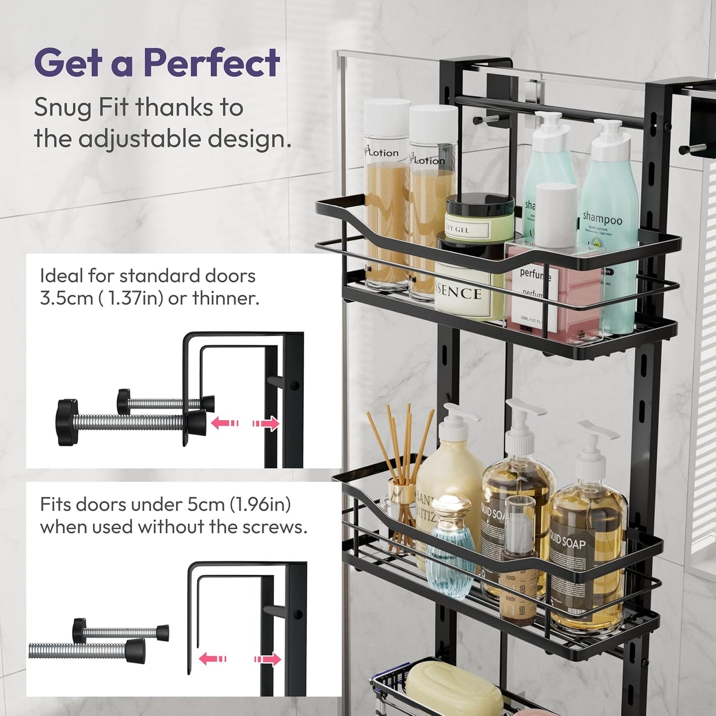SWTYMIKI Over The Door Shower Caddy - 3 Tier Adjustable Organizer | No Drill Stainless Steel Rack in Black