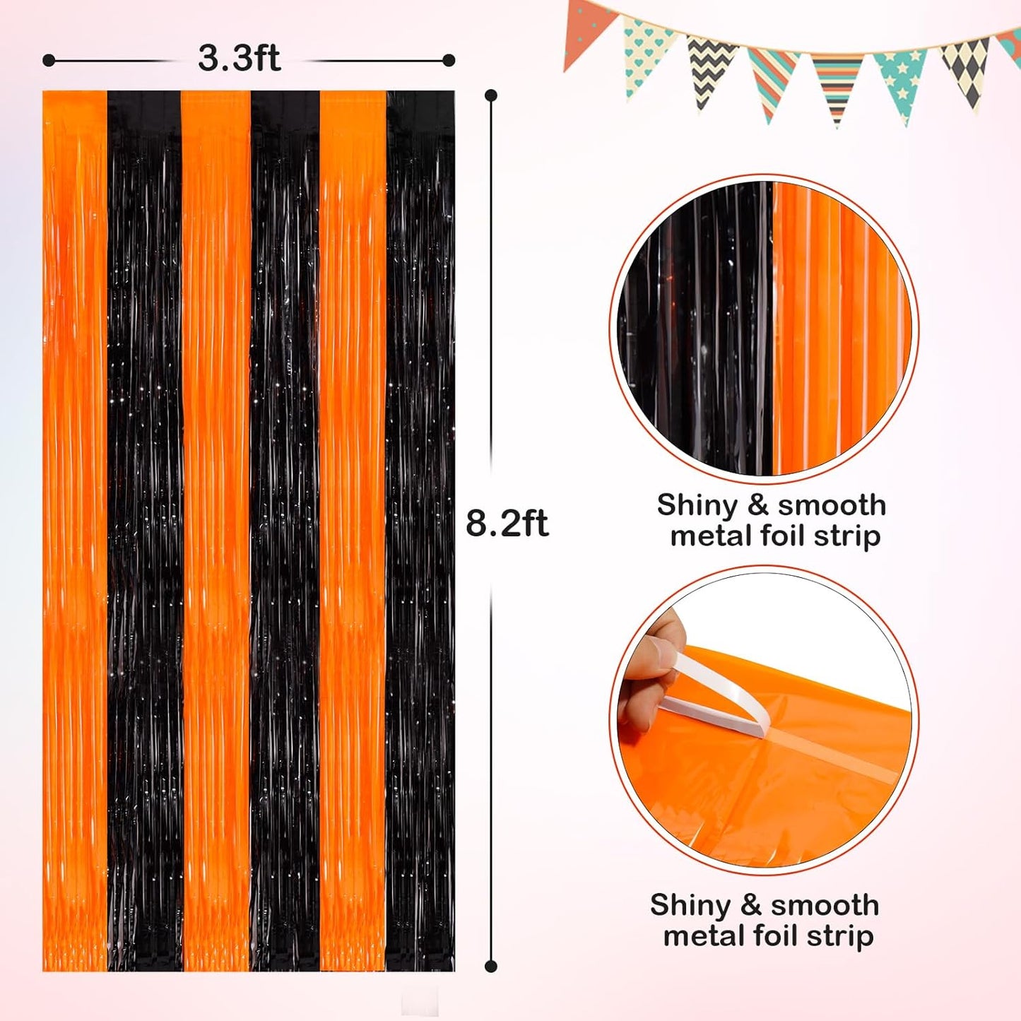 Orange Black Tinsel Foil Fringe Curtains - 2 Pack 3.3x8.3 Feet | Perfect for Birthday, Halloween & Bachelorette Party Decor