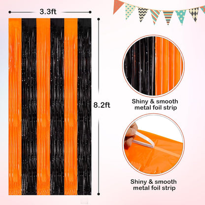 Orange Black Tinsel Foil Fringe Curtains - 2 Pack 3.3x8.3 Feet | Perfect for Birthday, Halloween & Bachelorette Party Decor