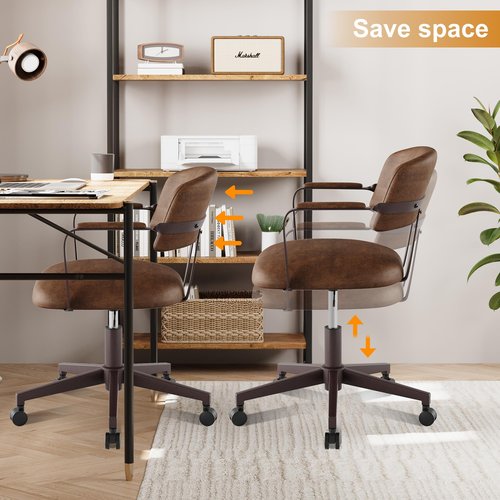 BERYTH Home Office Desk Chair, Mid-Century Modern Desk Chair with Padded Arms, Adjustable Seat Height, Mid Back 360° Small Computer Chair with Mobile Mute Wheel, PU Leather (Brown)