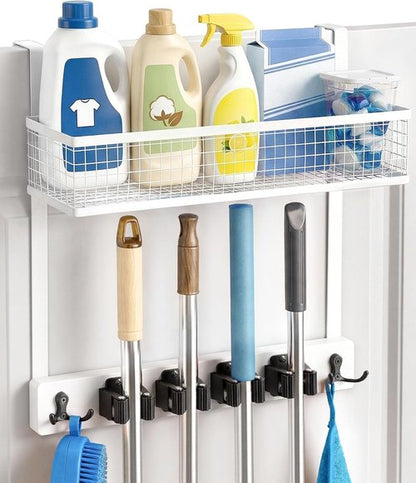 Lorbro Over The Door Broom Holder - No-Drill Wooden Mop Organizer with 4 Grips & 2 Hooks | Ideal for Laundry Room & Garage