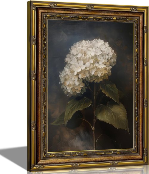 Framed White Hydrangea Oil Wall Art - Vintage Floral Canvas Print for Living Room & Office | 12x16in
