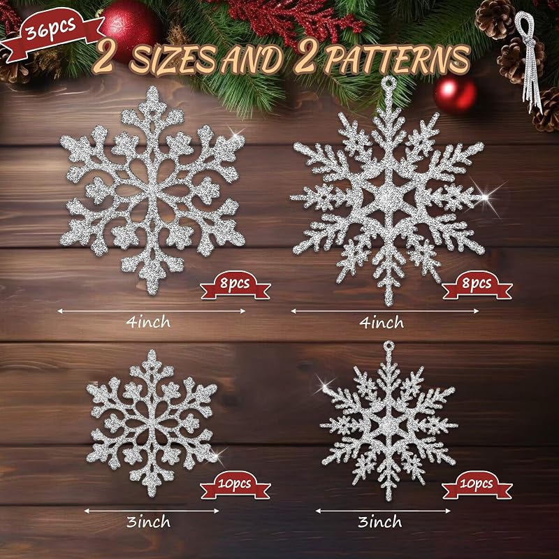 36Pcs Silver Glitter Snowflake Ornaments - 2 Sizes, 2 Patterns with Hanging Rope, Christmas Tree Decorations