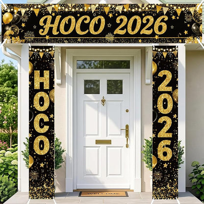 HOCO 2026 Welcome Banner Set - Black & Gold Porch Signs, 3-Piece Yard Decor for Homecoming