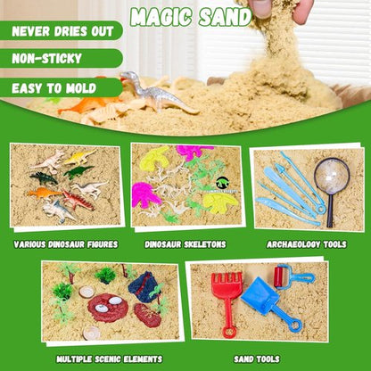 Dinosaur Sensory Bin - Engaging Magic Sand Kit with Dino Figures & Tools | Perfect Gift for Kids 3+