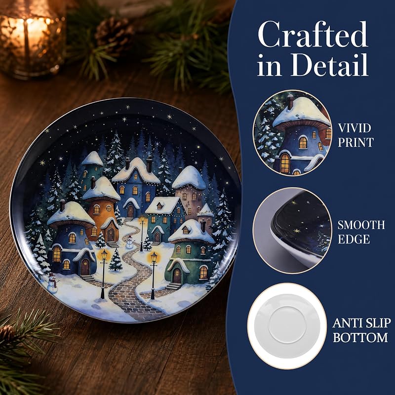 Snowhouse 10-Inch Christmas Plates Set of 12 – Melamine Dinnerware, Outdoor Friendly