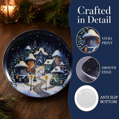 Snowhouse 10-Inch Christmas Plates Set of 12 – Melamine Dinnerware, Outdoor Friendly