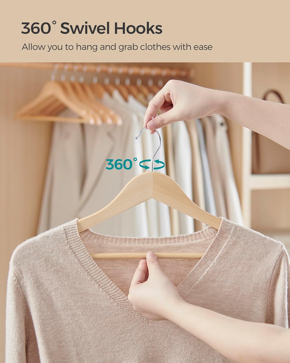 SONGMICS Wooden Hangers - Non-Slip Coat Hangers with Pants Bar & 360° Swivel Hooks | Pack of 24
