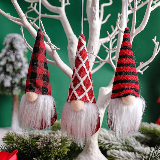 Skiennix Gnome Christmas Ornaments - Set of 3 Plush Tomte Santa Gnomes for Holiday Decor | Red