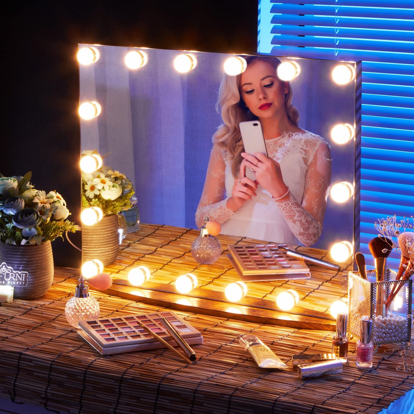 LUXFURNI Vanity Mirror with Makeup Lights, Large Hollywood Light up Mirrors w/ 18 LED Bulbs Tabletop & Wall Mounted (26Lx21W, Rustic Brown)