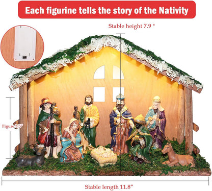 Regine Switzerland Lighted Christmas Nativity Set - Indoor Wooden Stable & Figures for Festive Tabletop Decor