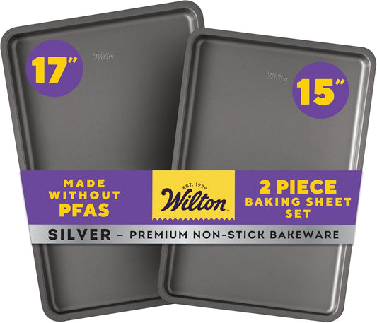 Wilton Silver Non-Stick Baking Sheet Set - 2-Piece Cold-Rolled Steel Bakeware, PFAS-Free