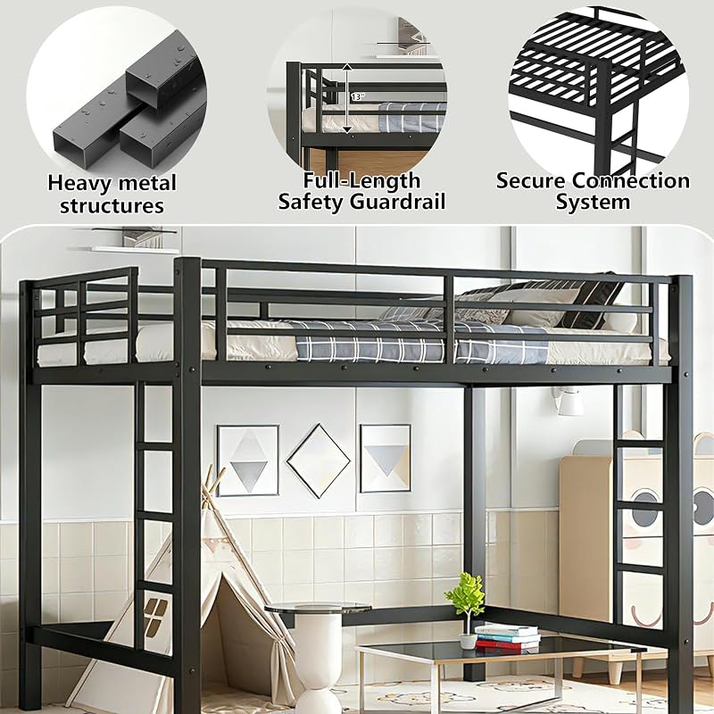 Bellemave Full-Size Loft Bed Frame with Dual Ladders, Iron Construction, No Box Spring Needed - Black (Variation: Black+Full)