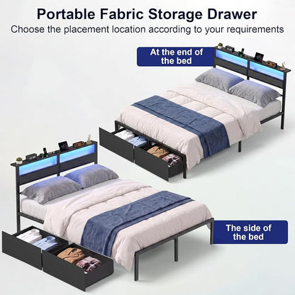 Full Size Bed Frame with Storage Drawers, Headboard Lights & USB-C Charging