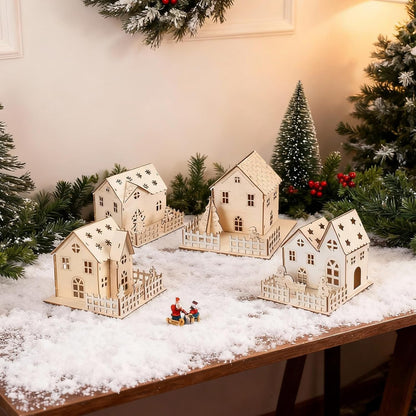 Qunclay Light Up Christmas Village Set - 4 Unfinished Wooden Houses for Holiday Crafts & Decorations