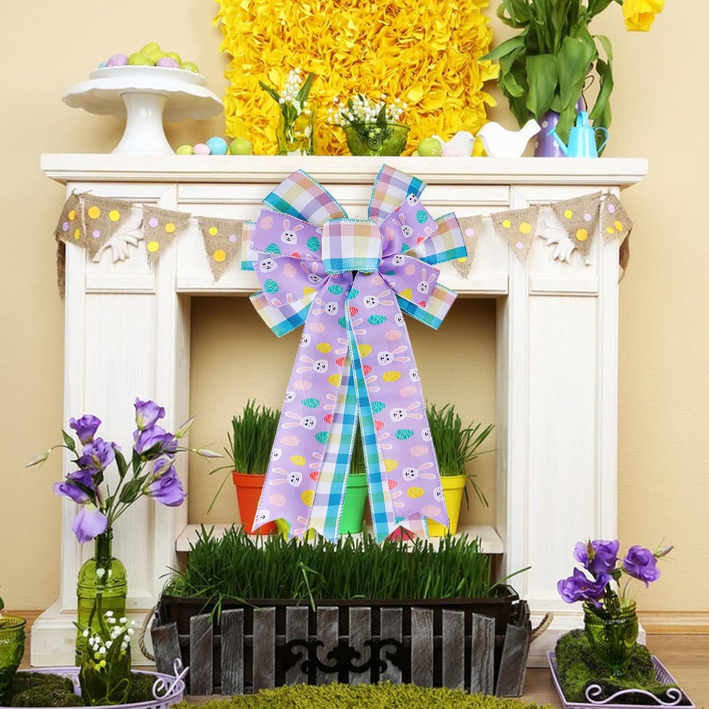 SIMISI Ribbon Easter Wreath Bow - Large Burlap Wired Bow with Bunny Eggs | 11x17.7 Inch Door Ornament