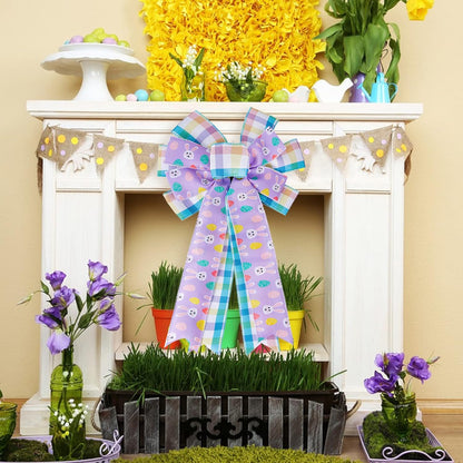 SIMISI Ribbon Easter Wreath Bow - Large Burlap Wired Bow with Bunny Eggs | 11x17.7 Inch Door Ornament