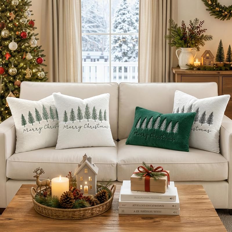 MiULEE Christmas Pillow Covers 18x18 Set of 2 — White & Green Tree Embroidered