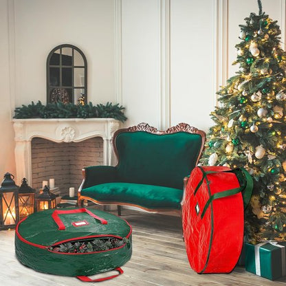 Christmas Wreath Storage Bag 24 Inch | 2-Pack Organizer with Dual Zipper & Handles for Safe Ornament Protection