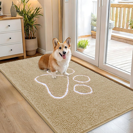 OLANLY Dog Door Mat - Absorbent Non-Slip Chenille Mat for Muddy Paws | 54x32 Beige Paw Print Design