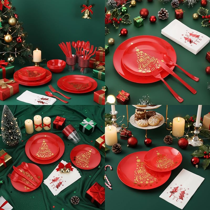 Christmas Disposable Dinnerware Set 280 PCS - 40 Plates, 40 Cups, 40 Dessert Plates, 40 Napkins, 40 Cutlery