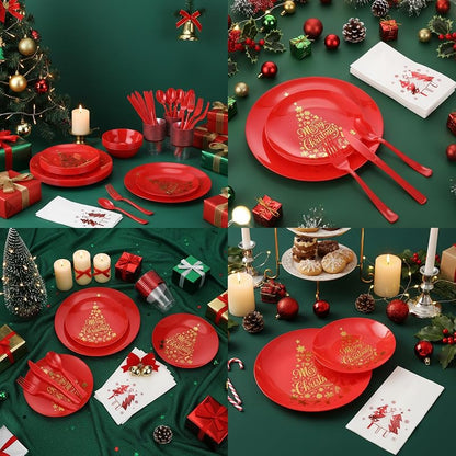 Christmas Disposable Dinnerware Set 280 PCS - 40 Plates, 40 Cups, 40 Dessert Plates, 40 Napkins, 40 Cutlery