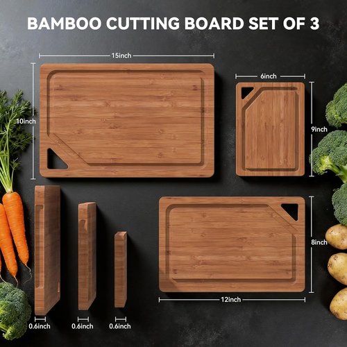 Bamboo Cutting Boards Set - 3-Pack Kitchen Chopping Boards with Deep Juice Grooves & Holder