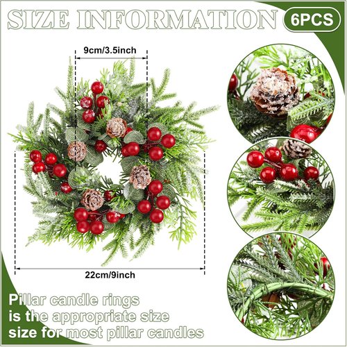 Lyrow Christmas Candle Rings - 6 Pcs Mini Wreaths with Artificial Berries & Snowy Pine | Holiday Decor
