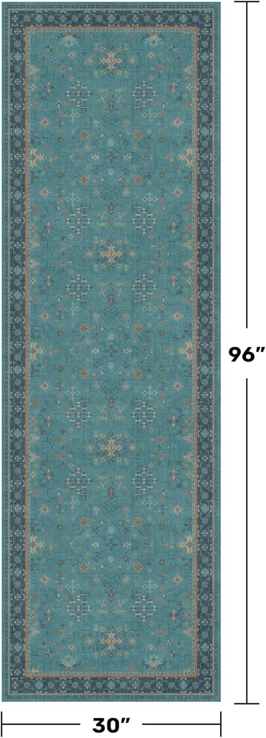 Boho Runner Rugs | 2'6"x8' Teal Washable Hallway Rug - Non-Slip Rubber Backing, Vintage Floral Design