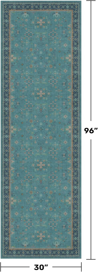 Boho Runner Rugs | 2'6"x8' Teal Washable Hallway Rug - Non-Slip Rubber Backing, Vintage Floral Design