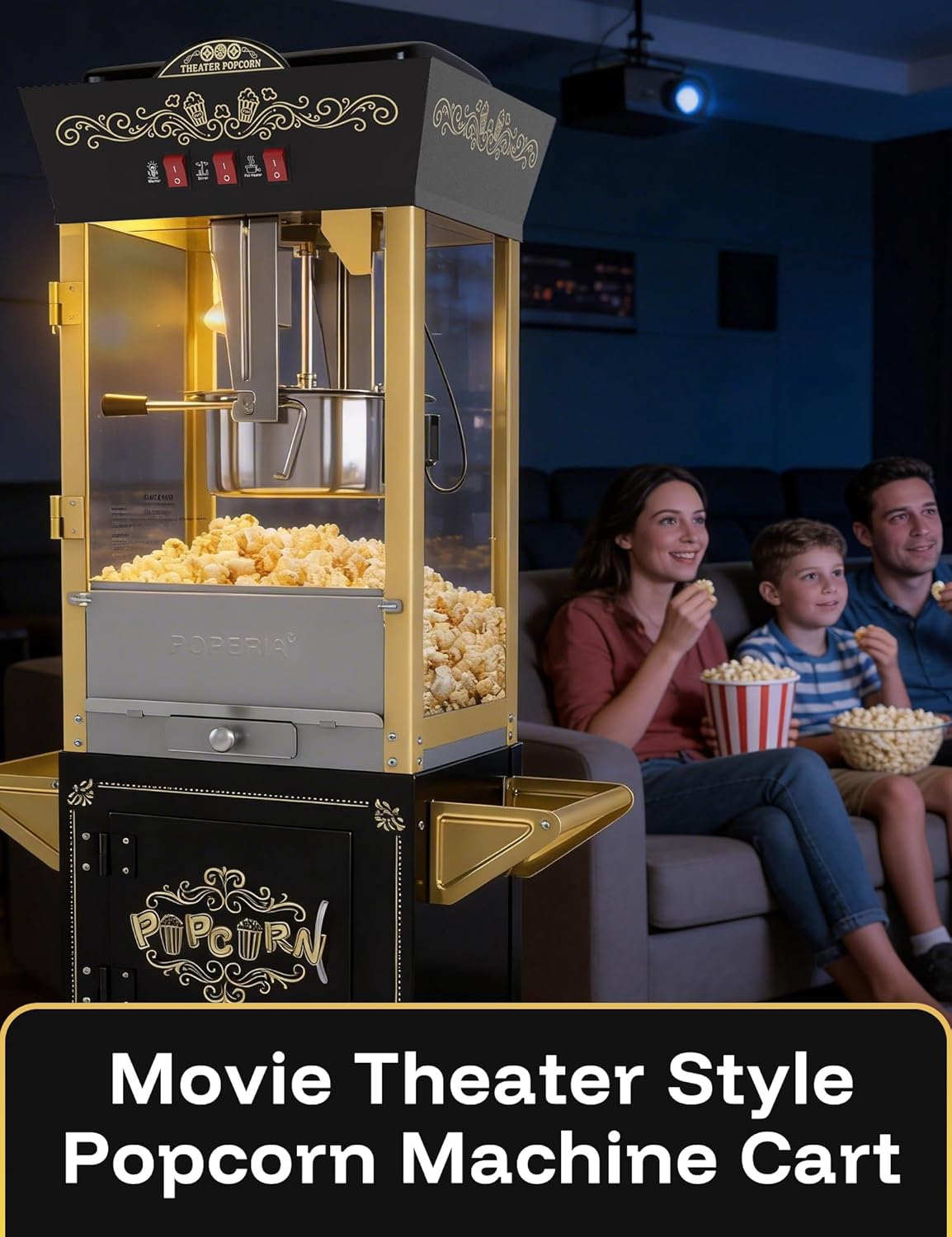 Skiennix Popcorn Machine - 12oz Retro Professional Maker with Warming Deck | 64-Cup Capacity for Home Theater & Parties - Black and Gold