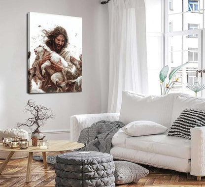 Jesus And Lamb Canvas Wall Art - Inspirational Christian Decor | Framed 12x16 Inch Painting for Living Room or Bedroom