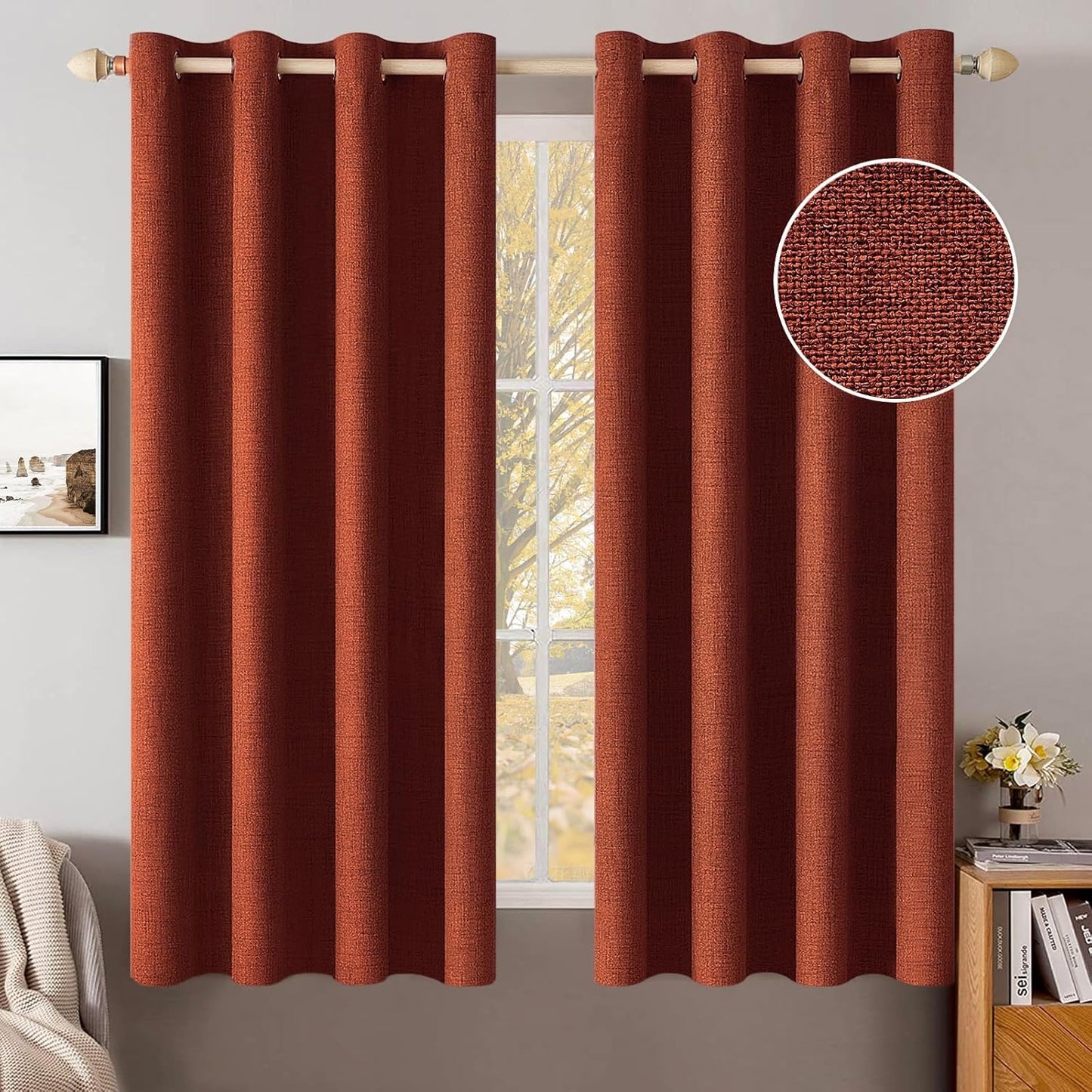 MIULEE Blackout Linen Curtains - Thermal Insulated Burnt Orange Drapes | 52 x 63 Inch (2 Panels) for Bedroom & Living Room