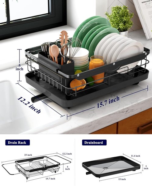 Kitsure Dish Drying Rack - Stainless Steel Kitchen Organizer with Cutlery Holder | 12.2''W x 15.7''~23''L, Black